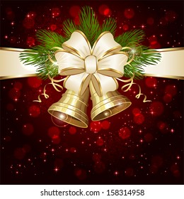 Red background with shiny Christmas bells and beige bow, illustration.