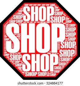 red background with shop words create traffic sign illustration together vector print pattern. for fashion collection capsule design and graphic design, special t shirt print and gift offer. poster