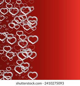 Red background with silver confetti hearts, design element. St. Valentine Day. Celebration pattern. Design for Banner.