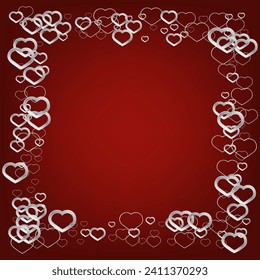 Red background with silver confetti hearts, design element. St. Valentine Day. Celebration pattern. 