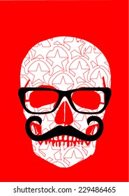 The red background and skull illustration made up of stars. fashion trends, black mustache and glasses according to a skull and crossbones pattern if printing pattern vector cartoon character.