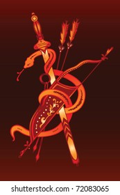 red background with snake sword and arrow