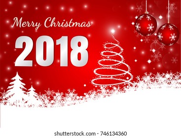 Red Background with Snow flake and ball for Merry Christmas 2018, Vector illustration