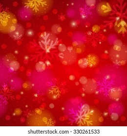 Red background with snowflake and bokeh, vector illustration