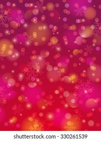 Red background with snowflake and bokeh, vector illustration