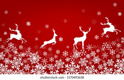 red background with snowflakes and deer. Vector illustration