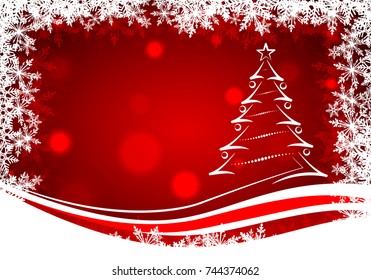 red background with snowflakes end christmas tree