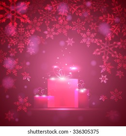 red background with snowflakes and gift, vector