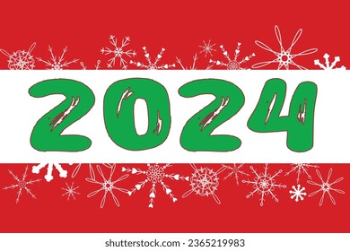 Fondo rojo Copos de nieve Diseño de vacaciones Plantilla de celebración tipografía afiche tarjeta de bienvenida Vector Texto 
 números verdes 2024 Dragon Invitación Winter Calendar bloc de notas de calendario