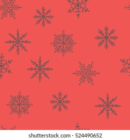 Red background with snowflakes.  Snowflake vector pattern. Falling snowflakes for holiday packing