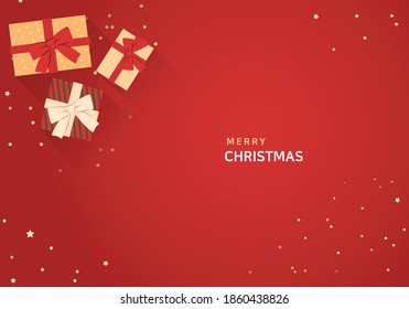 Red background sprinkled with glitter, and gift boxes. Christmas vector illustration background.