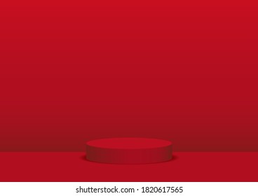 Fondo rojo con podio de pie. Espacio en blanco para tu producto, escaparate, moda. Estilo de escena mínimo. Ilustración vectorial.
