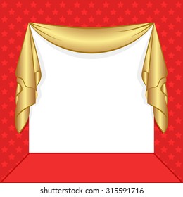 red background with stars and golden curtain