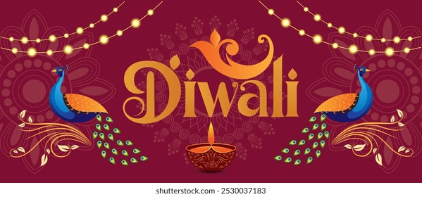 A red background with string lights and mandala patterns In the center Diwali is written in festive golden script flanked by two peacocks with a diya below conveying joy and celebration






