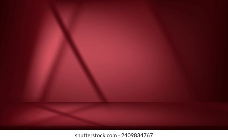 Red background studio room with light and window shadow for product presentation.Vector 3d Backdrop Empty wall room with sunlight effect overly on floor,Mockup for display product