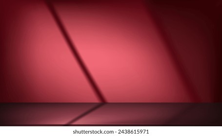 Estudio de fondo rojo WallRoom con luz, reflejo de sombra en la encimera de acero inoxidable metálico para la presentación del producto. Vector 3d Burgundy Backdrop Exhibición de la cocina de aluminio Metal Table Top 