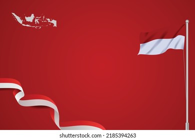 Red background style with Indonesian flag fluttering  realistic,red and white ribbon and Indonesia Map.