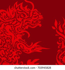 Red background with a stylized dragon tattoo