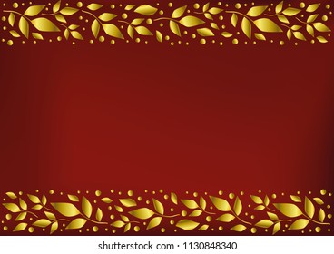 Red background stylized as red velvet with decorative stripes align top and below with golden leaves and dots for decoration, scrapbooking paper, wedding invitation, greeting card, text, cover of book