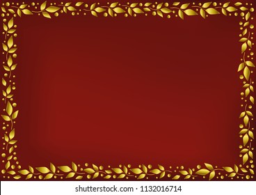 Red background stylized as red velvet with decorative frame of golden leaves and dots for decoration, scrapbooking paper, wedding invitation, greeting card, text, family tree, certificate, diploma