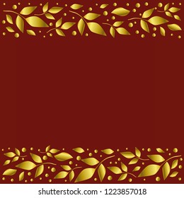 Red background stylized as red velvet with decorative stripes align top and below with golden leaves and dots for decoration, scrapbooking paper, wedding invitation, greeting card, text, cover of book