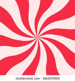 Red background sweet candy. Modern flat illustration. Swirl radial backdrop pattern. Spiral rotating beams. Cute rays of the candy.