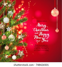 Red background template with Christmas tree branches, Holiday decorations and place for text. Christmas balls, stars and confetti.