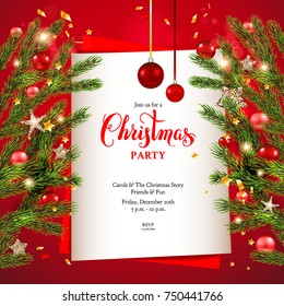 Red background template with Christmas tree branches, Holiday decorations and place for text. Christmas balls, stars and confetti.