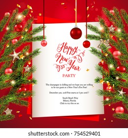 Red background template with Christmas tree branches, Holiday decorations and place for text. Christmas balls, stars and confetti.