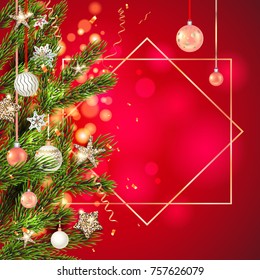 Red background template with Christmas tree branches, Holiday decorations and place for text. Christmas balls, stars and confetti. Trendy geometric frame.