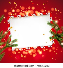 Plantilla de fondo rojo con ramas de árbol de Navidad, decoraciones de vacaciones y lugar para texto. Bolas de Navidad, estrellas y confeti. Marco de rayas tradicionales