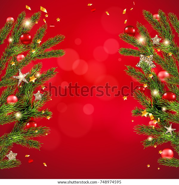 Red background template with Christmas tree
branches, Holiday decorations and place for text. Christmas balls,
stars and confetti.