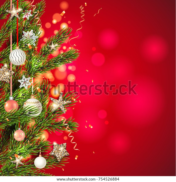 Red background template with Christmas tree\
branches, Holiday decorations and place for text. Christmas balls,\
stars and confetti.