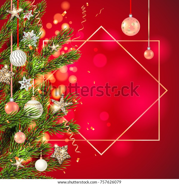 Red background template\
with Christmas tree branches, Holiday decorations and place for\
text. Christmas balls, stars and confetti. Trendy geometric\
frame.