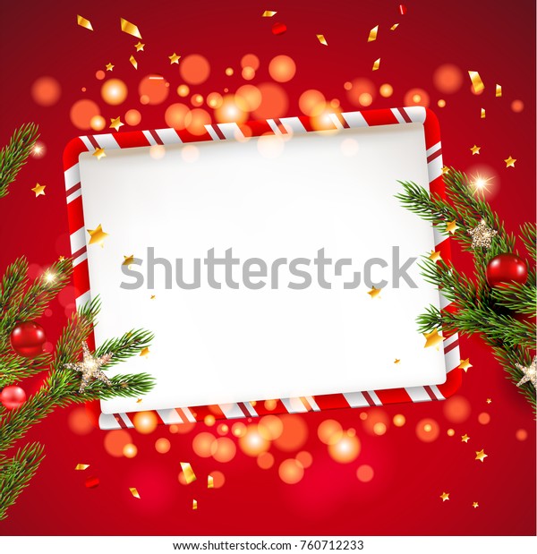Red background\
template with Christmas tree branches, Holiday decorations and\
place for text. Christmas balls, stars and confetti. Traditional\
striped frame
