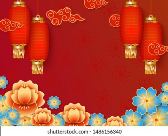 Red background template with empty space for celebrating Chinese New Year. Oval Chinese hanging lanterns and traditional oriental red clouds and flowers. Vector illustration with chinese lanterns.