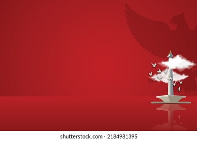 Red Background Template Vector with Small Icon Monas Landmark and Minimalis Effect.