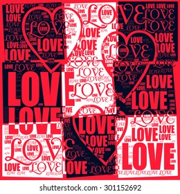 Red background with three broken hearts illustration together with love words together cubic and pop art style font vector print pattern design. For valentines day gift, t shirt print, graphic design.