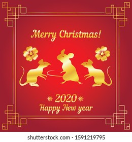 Red background with three rat silhouette: vector abstract. 2020