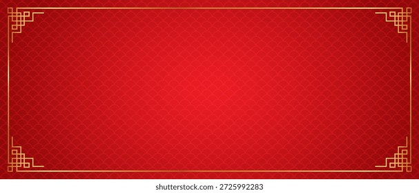Red background with traditional Chinese scale pattern and gold border frame for Lunar New Year or Spring Festival celebration and oriental cultural events