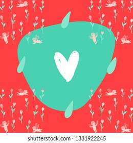 Red background with tulips and angels. Vector with flowers and hearts. Red pattern with tulips and hearts and angels. Red pattern. Background with angels and flowers