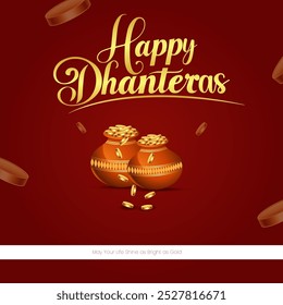 Un fondo rojo, dos ollas de arcilla rebosantes de monedas de oro y monedas que caen desde la parte superior crea una atmósfera festiva y abundante El audaz texto de oro HAPPY DHANTERAS en la parte superior ata todo 