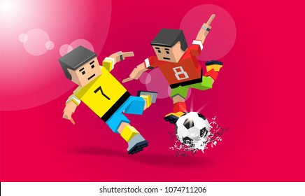 Red background and two soccer players. Welcome to Russia flat style logo. football player in Vector illustration in flat style.