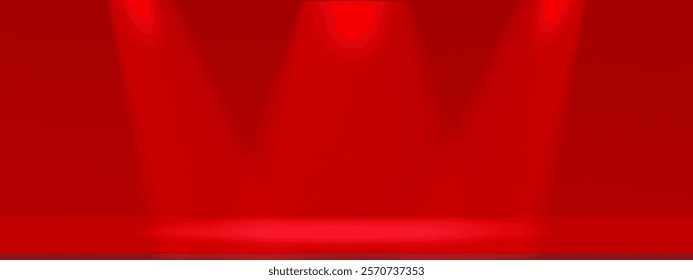 Red background for Valentine or Chinese New Year backdrop,Studio red wall interior with spotlight on Platform 3d Podium for Product Display,Vector scene design web banner for holiday Sale,Promotion