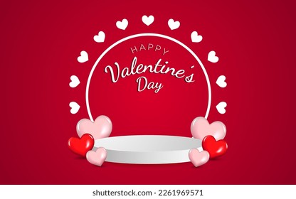 red background valentine's text with white podium and heart variations.