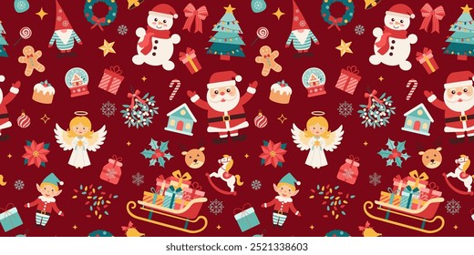 A red background with a variety of Christmas decorations including a snowman, angel, and Santa Claus
