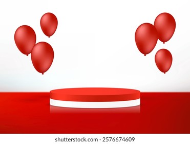 Red background vector 3d with balloons and podium. Product display presentation. Space for selling products, backdrop, wallpaper, background, text. Vector illustration.