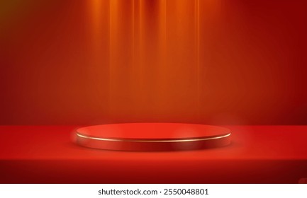 Vetor de fundo vermelho 3d com pódio vermelho e ouro para apresentação do produto. Espaço vazio para inserir texto e produtos para promoção. Quarto vazio com efeito de luz. Ilustração vetorial.