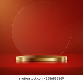 Red background vector 3d with gold podium. 3D abstract studio room with pedestal podium. Space for selling products, backdrop, wallpaper, background, text. Vector illustration.