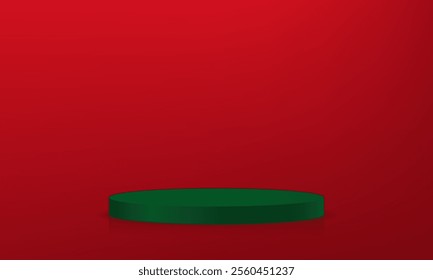 Red background vector 3d with green podium. Space for selling products on the website. Vector illustration.